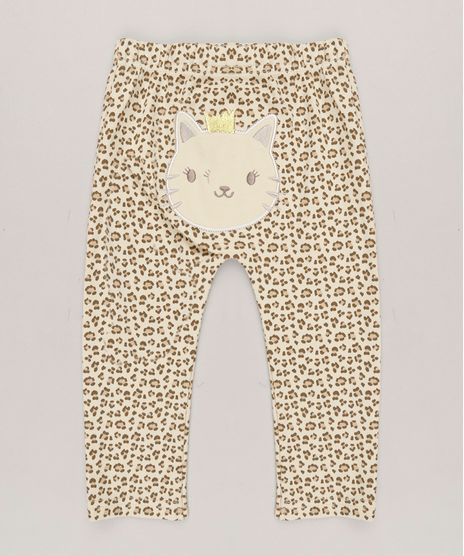 Calca-Infantil-Gatinha-Estampada-Animal-Print-em-Algodao---Sustentavel-Bege-8934412-Bege_1