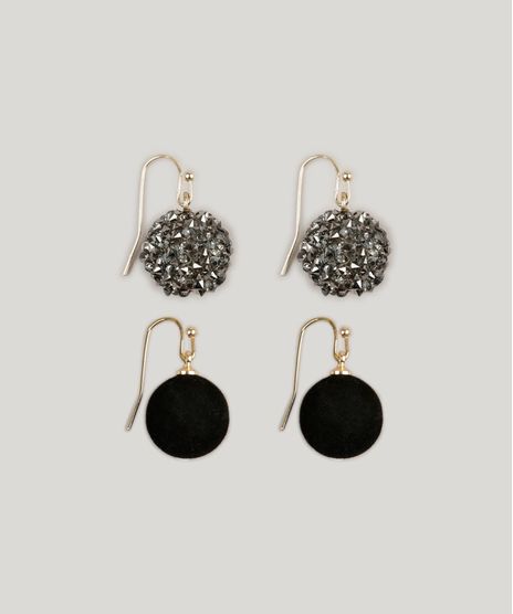 Kit-de-2-Brincos-Femininos-Esfericos-de-Veludo-e-Strass-Dourado-9207509-Dourado_1