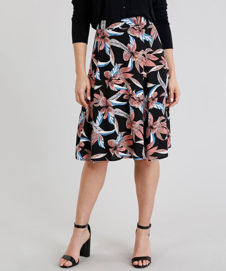 Saia-Feminina-Evase-Curta-Estampada-Floral-com-Fendas-Preta-9111990-Preto_1