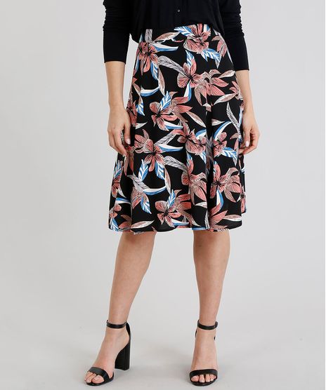 Saia-Feminina-Evase-Curta-Estampada-Floral-com-Fendas-Preta-9111990-Preto_1