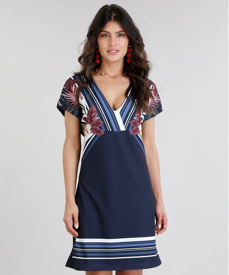 Vestido-Feminino-Curto-com-Estampa-de-Listras-e-Folhagens-Manga-Curta-Decote-V-Azul-Marinho-9223862-Azul_Marinho_1