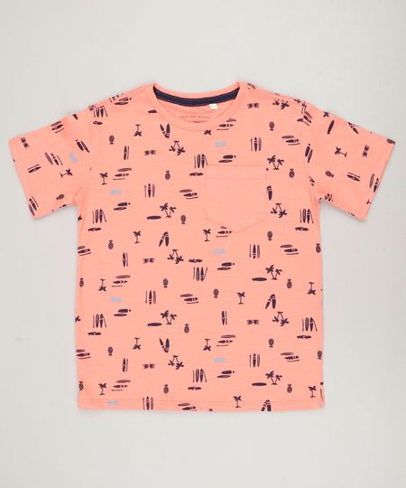 Camiseta-Infantil-Estampada-com-Bolso-Manga-Curta-Gola-Careca-Coral-9235187-Coral_1