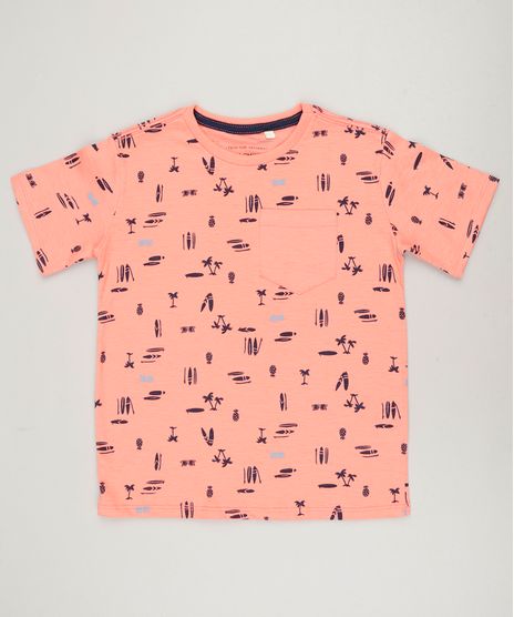 Camiseta-Infantil-Estampada-com-Bolso-Manga-Curta-Gola-Careca-Coral-9235187-Coral_1