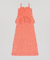 Vestido-Infantil-Longo-Estampado-de-Passaros-com-Babado-Sem-Manga-Coral-9245415-Coral_1