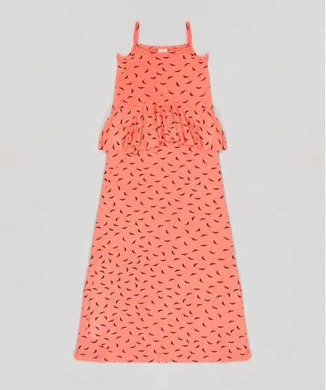 Vestido-Infantil-Longo-Estampado-de-Passaros-com-Babado-Sem-Manga-Coral-9245415-Coral_1