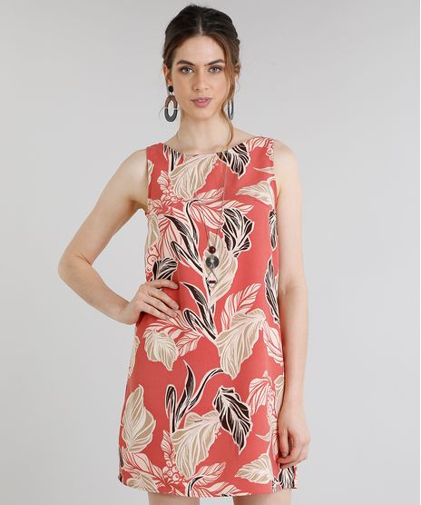 Vestido-Feminino-Curto-Estampado-de-Folhagens-Decote-Redondo-Coral-9199207-Coral_1