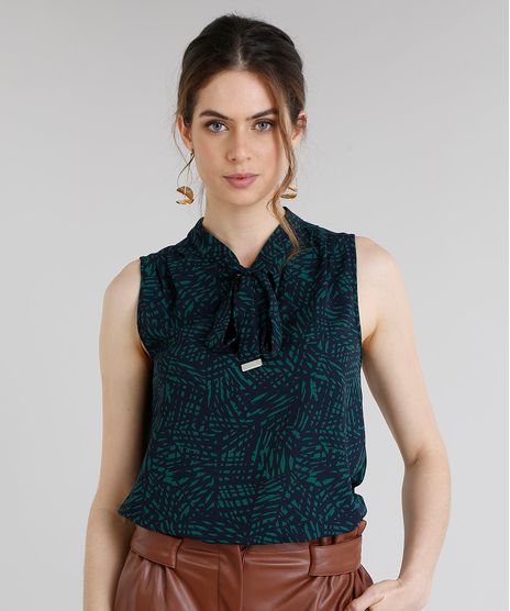 Regata-Feminina-Estampada-de-Folhagem-com-Gola-Laco--Verde-9109062-Verde_1