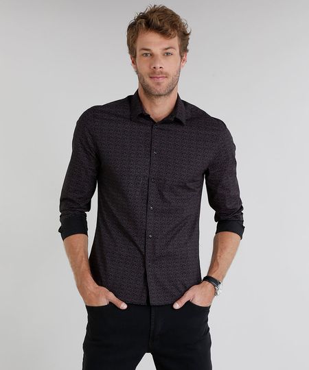 Camisa-Masculina-Slim-Estampada-Mini-Print-Manga-Longa-Preta-9213857-Preto_1
