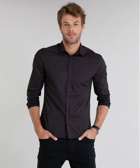 Camisa-Masculina-Slim-Estampada-Mini-Print-Manga-Longa-Preta-9213857-Preto_1