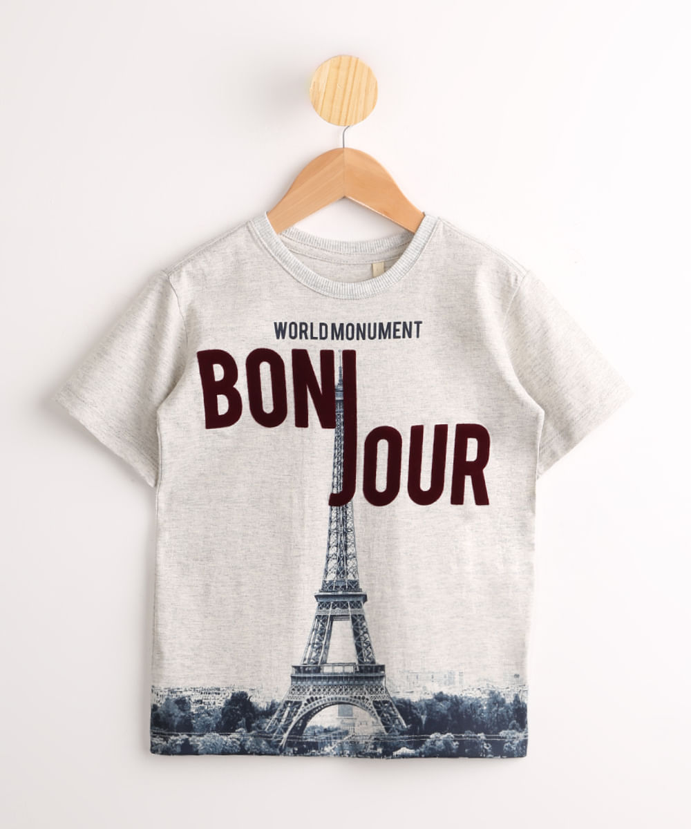 Camiseta Infantil "Bonjour" Torre Eiffel Manga Curta Cinza Mescla Claro