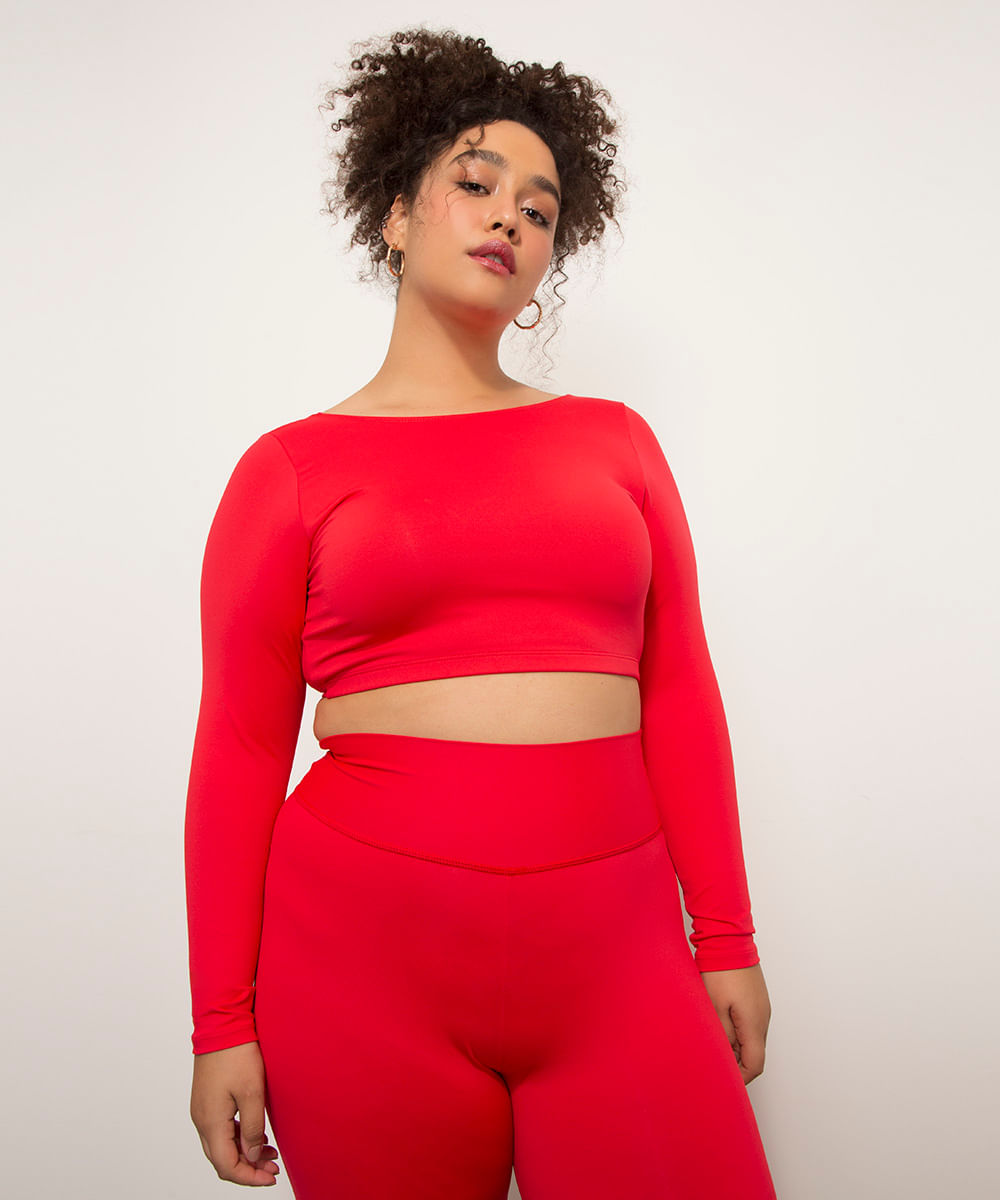 Blusa Cropped Plus Size Manga Longa Decote Redondo com Proteção UV Mindset Sport Vermelha