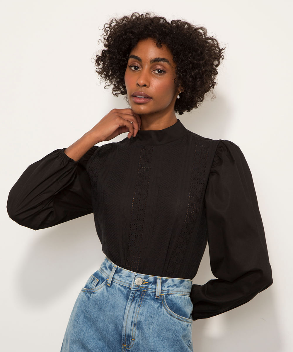 Blusa com Laise Manga Bufante Gola Alta Mindset Preta