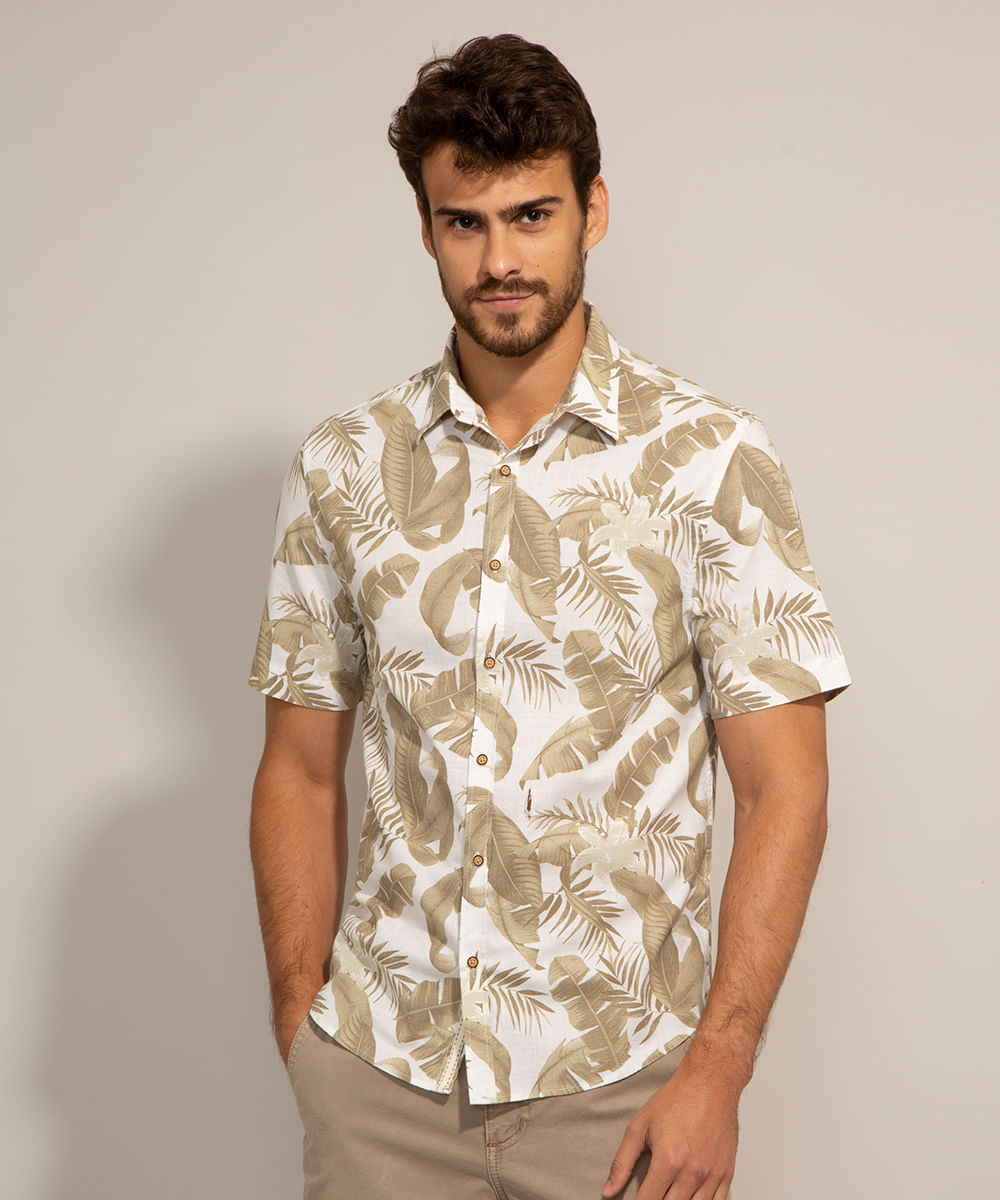 Camisa Comfort de Algodão Estampada de Folhagem Manga Curta Kaki