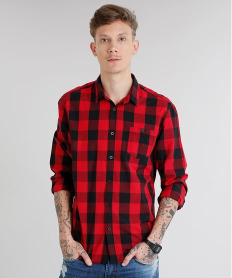 Camisa-Masculina-Xadrez-com-Bolso-Manga-Longa-Vermelha-8448777-Vermelho_1