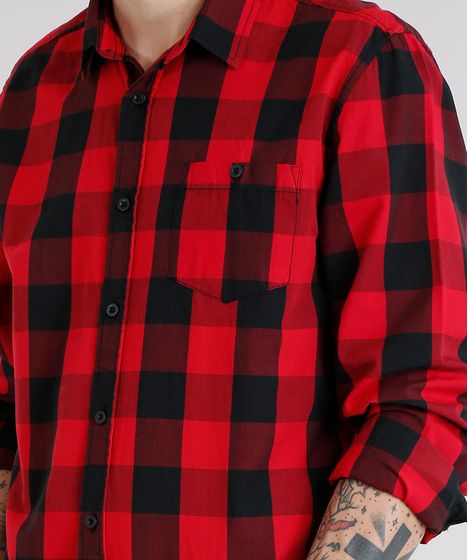 Camisa Masculina Xadrez Com Bolso Manga Longa Vermelha Cea
