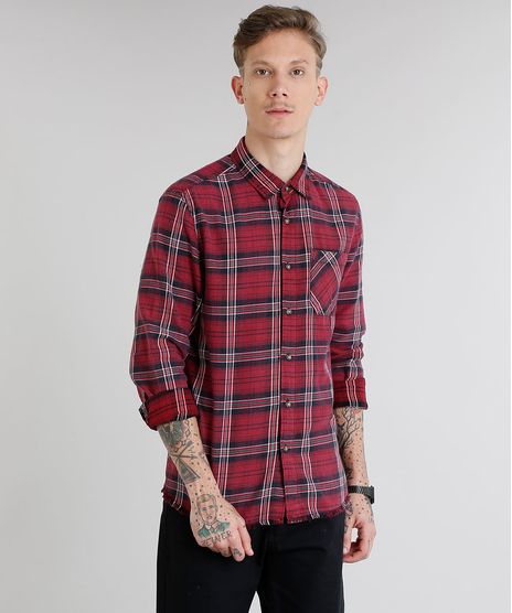 Camisa-Masculina-em-Flanela-Xadrez-com-Bolso-Manga-Longa-Vinho-9082967-Vinho_1