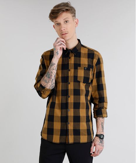 Camisa-Masculina-Xadrez-com-Bolso-Manga-Longa-Caramelo-8448777-Caramelo_1
