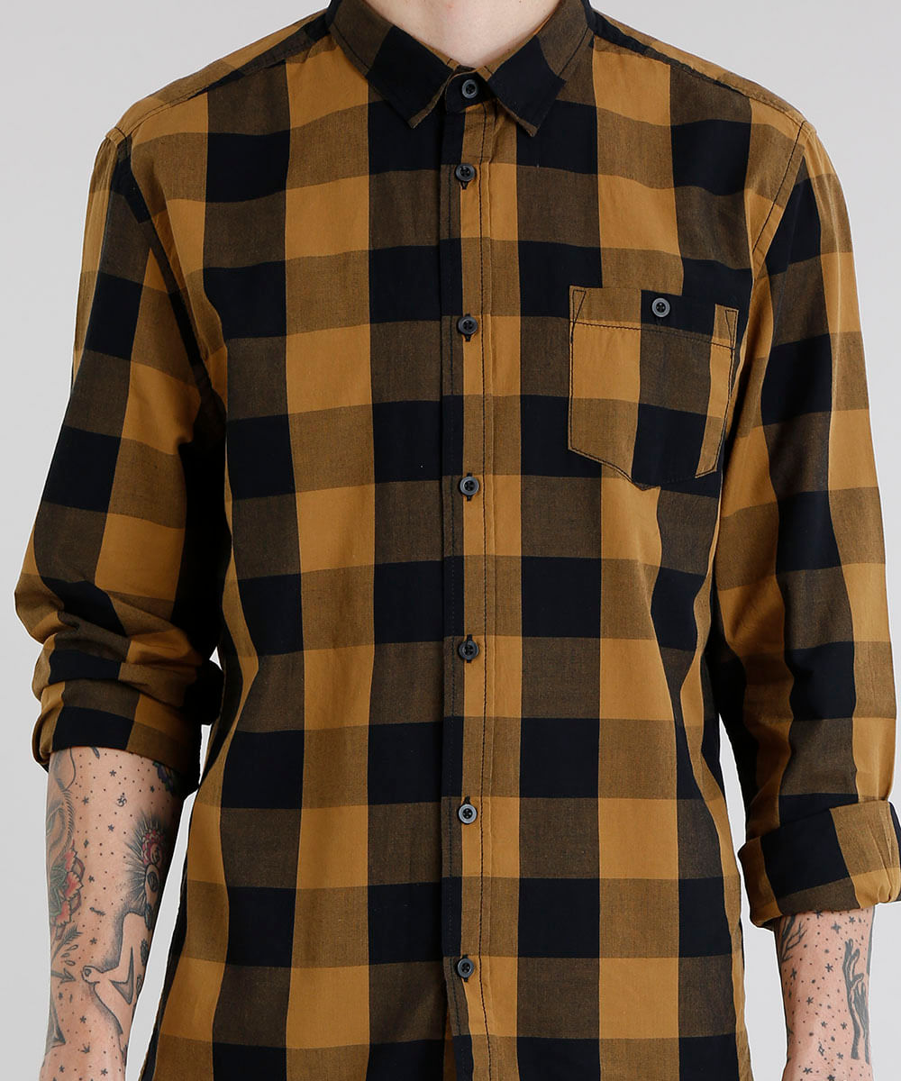Camisa-Masculina-Xadrez-com-Bolso-Manga-Longa-Caramelo-8448777-Caramelo_4