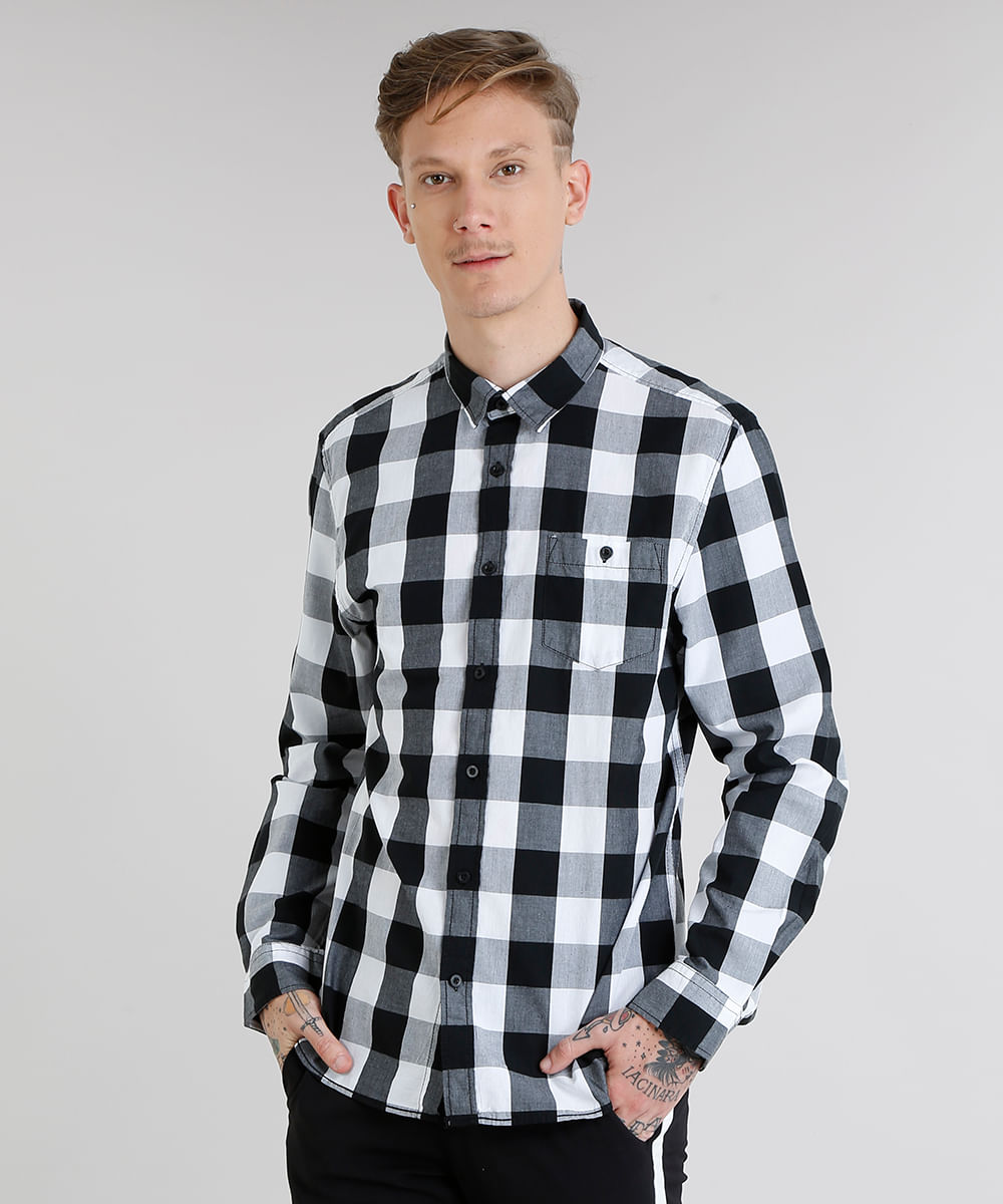 Camisa Masculina Xadrez Com Bolso Manga Longa Branca Cea