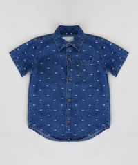 Camisa-Jeans-Infantil-Estampada-Mini-Print-de-Espinha-de-Peixe-com-Bolso-Manga-Curta-Azul-Escuro-9235819-Azul_Escuro_1