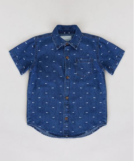 Camisa-Jeans-Infantil-Estampada-Mini-Print-de-Espinha-de-Peixe-com-Bolso-Manga-Curta-Azul-Escuro-9235819-Azul_Escuro_1