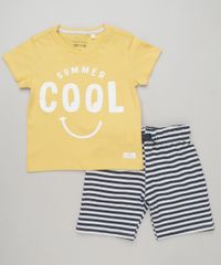 Conjunto-Infantil-de-Camiseta--Summer-Cool--Manga-Curta-Amarela---Bermuda-Listrada-em-Moletom-Cinza-Mescla-Claro-9227848-Cinza_Mescla_Claro_1