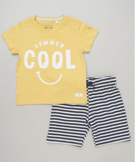 Conjunto-Infantil-de-Camiseta--Summer-Cool--Manga-Curta-Amarela---Bermuda-Listrada-em-Moletom-Cinza-Mescla-Claro-9227848-Cinza_Mescla_Claro_1