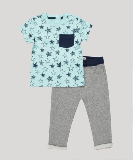 Conjunto-Infantil-de-Camiseta-Estampada-de-Estrelas-Manga-Curta-Verde---Calca-em-Moletom-Cinza-Mescla-9118892-Cinza_Mescla_1