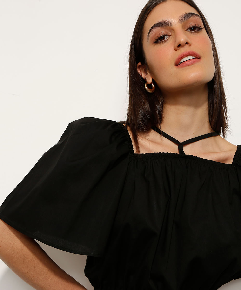 Blusa Cropped com Tiras Manga Bufante Decote Reto Mindset Preta