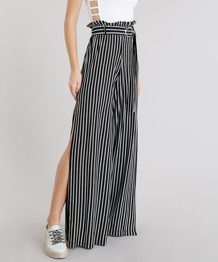 Calça Feminina Pantalona Listrada com Fenda e Cinto Preta Menor preço em Calça Feminina Pantalona Listrada com Fenda e Cinto Preta