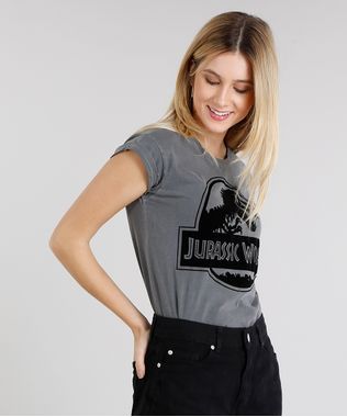Blusa-Feminina-Jurassic-World-Manga-Curta-Decote-Redondo-Cinza-9154800-Cinza_1