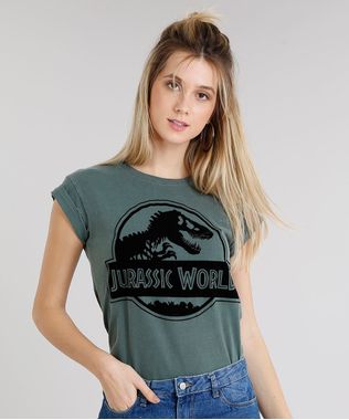 Blusa-Feminina-Jurassic-World-Manga-Curta-Decote-Redondo-Verde-Militar-9154800-Verde_Militar_1