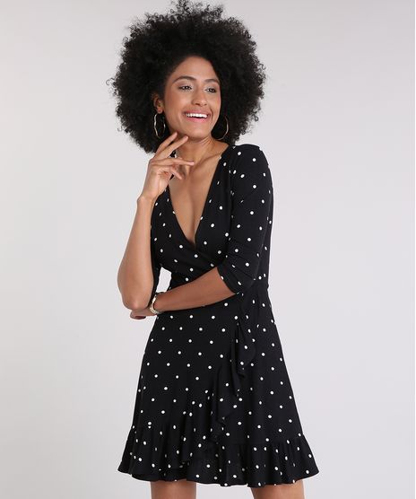 Vestido-Feminino-Estampado-de-Poa-Curto-Transpassado-com-Babado-Manga-Longa-Decote-V-Preto-9238220-Preto_1