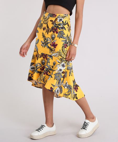 Saia-Feminina-Midi-Estampada-Floral-com-Linho-Amarelo-9086845-Amarelo_1
