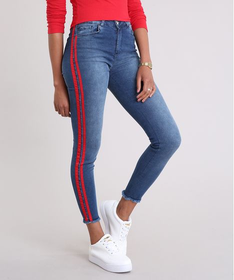 calça jeans com listra do lado feminina