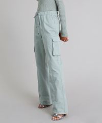 Calca-em-Sarja-Feminina-Cargo-com-Bolsos-Cintura-Alta-Verde-Claro-9314909-Verde_Claro_1
