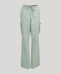 Calca-em-Sarja-Feminina-Cargo-com-Bolsos-Cintura-Alta-Verde-Claro-9314909-Verde_Claro_2