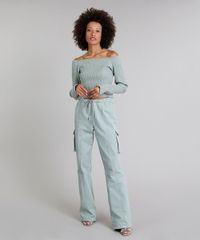 Calca-em-Sarja-Feminina-Cargo-com-Bolsos-Cintura-Alta-Verde-Claro-9314909-Verde_Claro_3