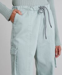 Calca-em-Sarja-Feminina-Cargo-com-Bolsos-Cintura-Alta-Verde-Claro-9314909-Verde_Claro_5