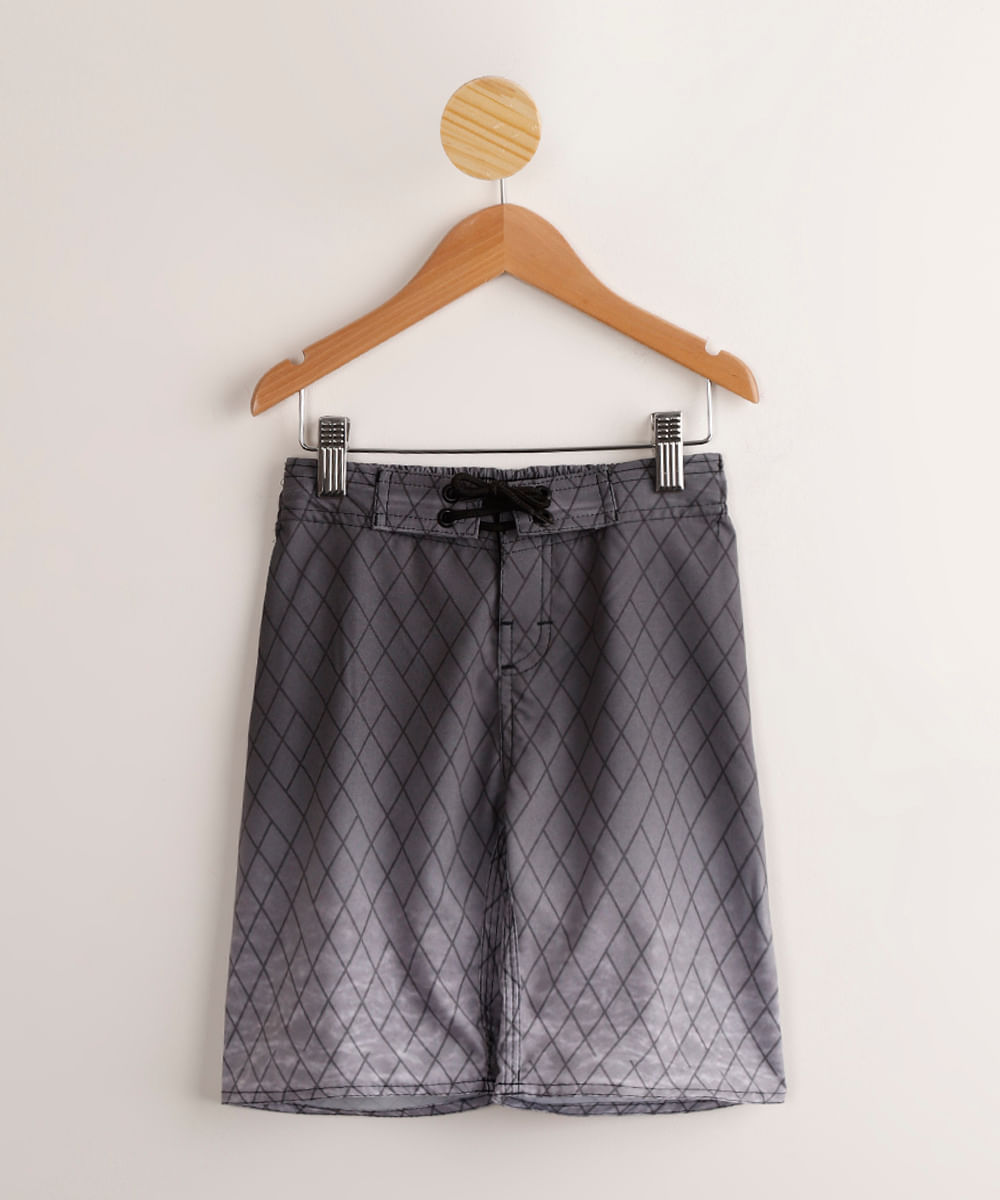 Bermuda Surf Infantil Estampada Geométrica com Bolso Preta