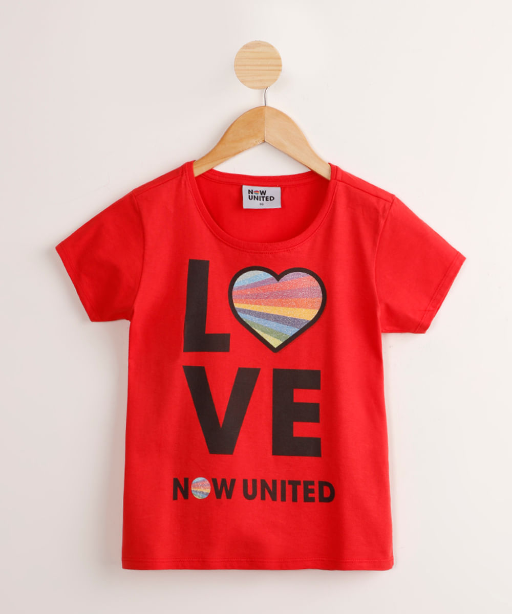 Blusa Juvenil de Algodão da Banda Now United "Love" Manga Curta Vermelha