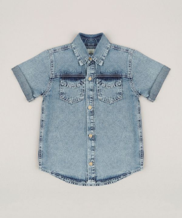 Camisa Jeans Infantil com Bolsos Manga Curta Azul Médio 10