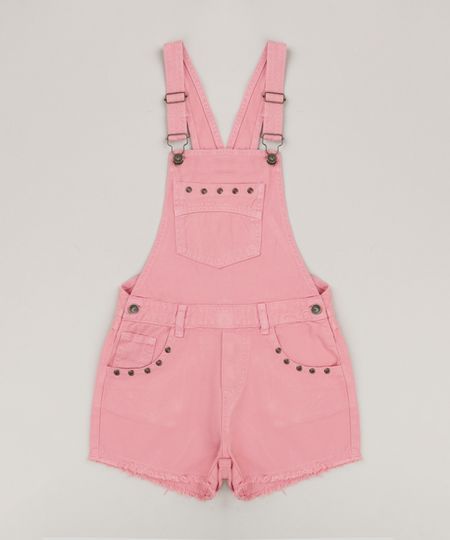 Jardineira Color Infantil com Bolsos e Ilhoses Rosa Menor preço em Jardineira Color Infantil com Bolsos e Ilhoses Rosa