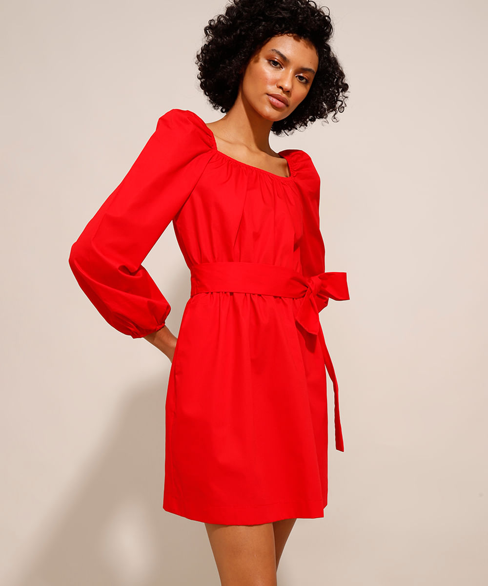 Vestido Curto de Algodão com Faixa para Amarrar Manga Bufante Vermelho