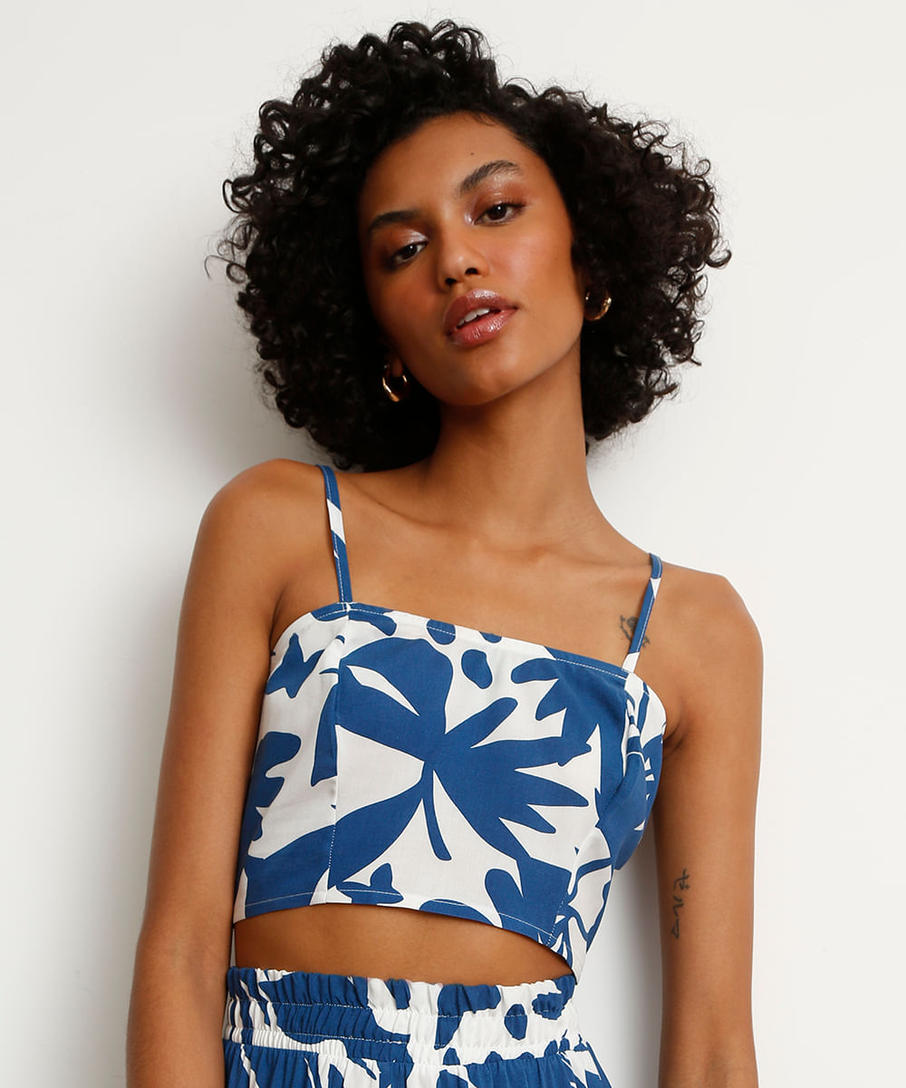 Top Cropped de Viscose Estampado Abstrato Alça Fina Decote Reto Azul
