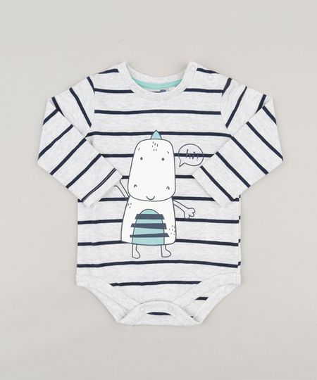Body-Infantil-Listrado-com-Estampa-Interativa-de-Dinossauro-Manga-Longa-Gola-Careca-em-Algodao---Sustentavel-Cinza-Mescla-Claro-8942674-Cinza_Mescla_Claro_1