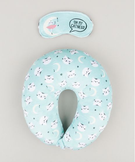 Kit-de-Apoio-de-Cabeca---Tapa-Olho-Estampado-de-Gatinho-Verde-Claro-9237107-Verde_Claro_1
