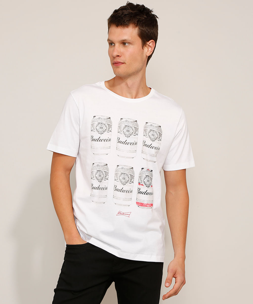 Camiseta de Algodão Latas Budweiser Manga Curta Gola Careca Off White