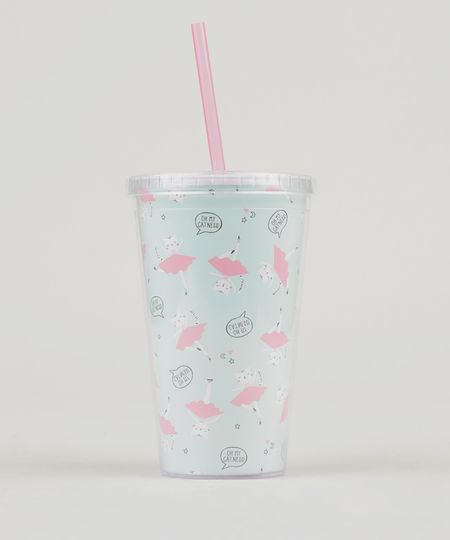 Copo com Canudo Estampado de Gatinhos Verde Claro - Único Menor preço em Copo com Canudo Estampado de Gatinhos Verde Claro - Único