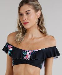 Biquini-Top-Ombro-a-Ombro-Estampado-Floral-com-Babado-e-Bojo-Removivel-Protecao-UV50--Preto-9284373-Preto_1